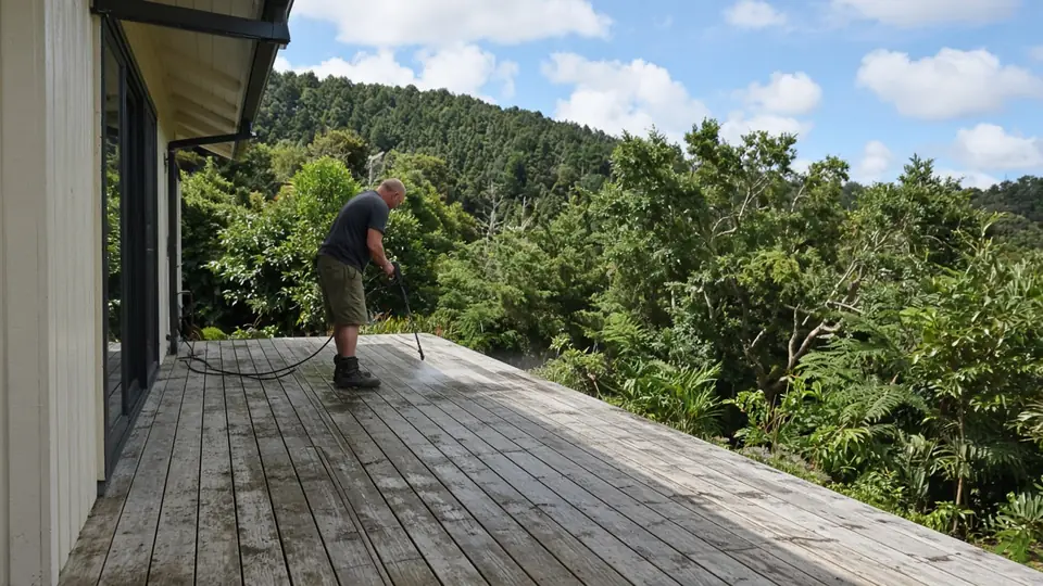 Washing a grey timber deck along the grain