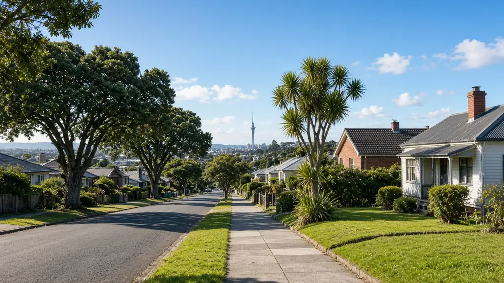 Leafy Auckland suburban street with the Sky Tower in the distance