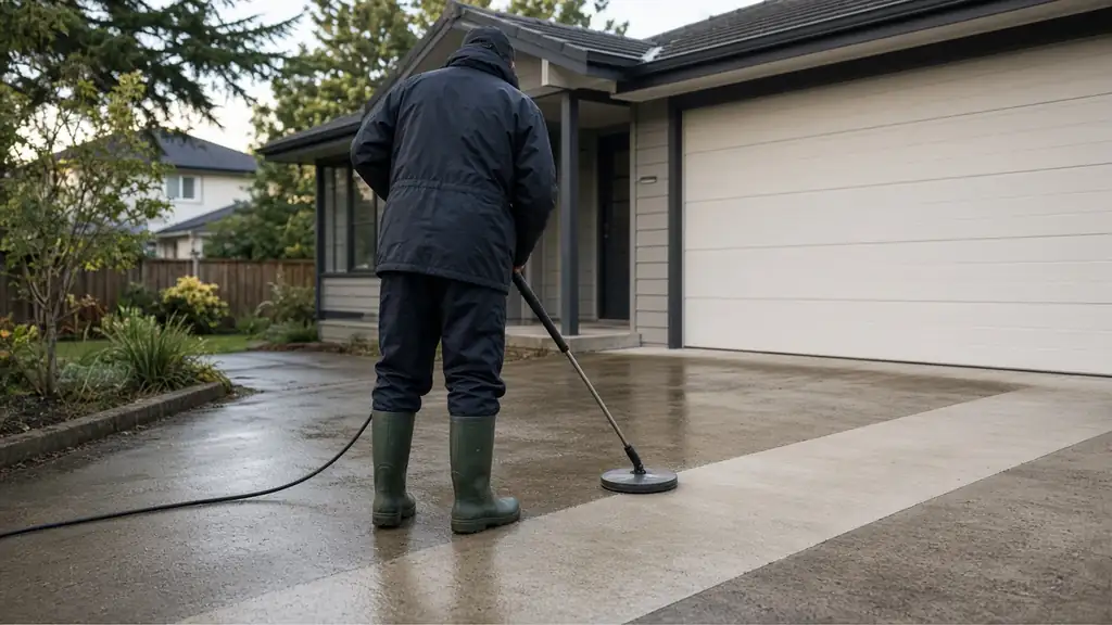 Cleaning a concrete driveway with a flat surface cleaner, a clean strip beside the grimy concrete