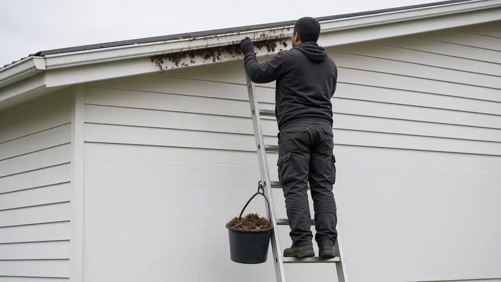 Clearing leaves out of a gutter from a ladder into a bucket