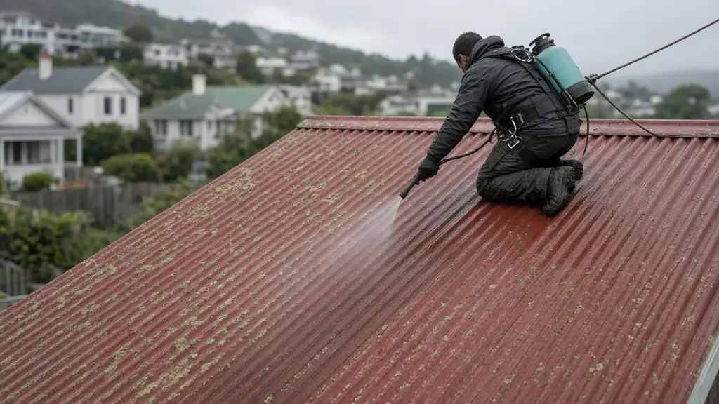 Roof cleaner in a harness gently spraying treatment onto a red corrugated iron roof