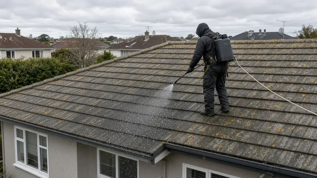 Roof cleaner in a harness applying a low-pressure treatment to a lichen-covered concrete tile roof