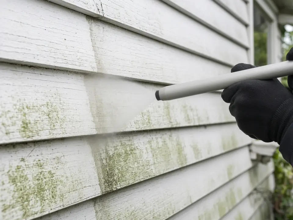 Low-pressure soft wash going onto mould-stained weatherboards