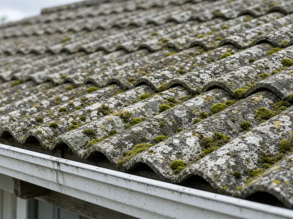 Lichen and moss growing on old concrete roof tiles above a gutter